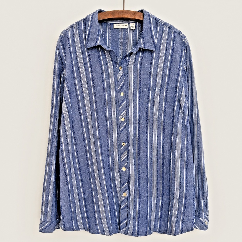 Susan Graver Shirt Sz XL Blue Stripe Linen Blend Lagenlook‎ Coastal Beach Summer